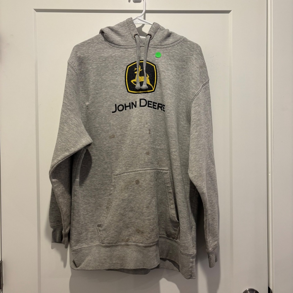 John Deere Mens Hoodie Gray Graphic Logo Pullover Sweatshirt Size Large‎